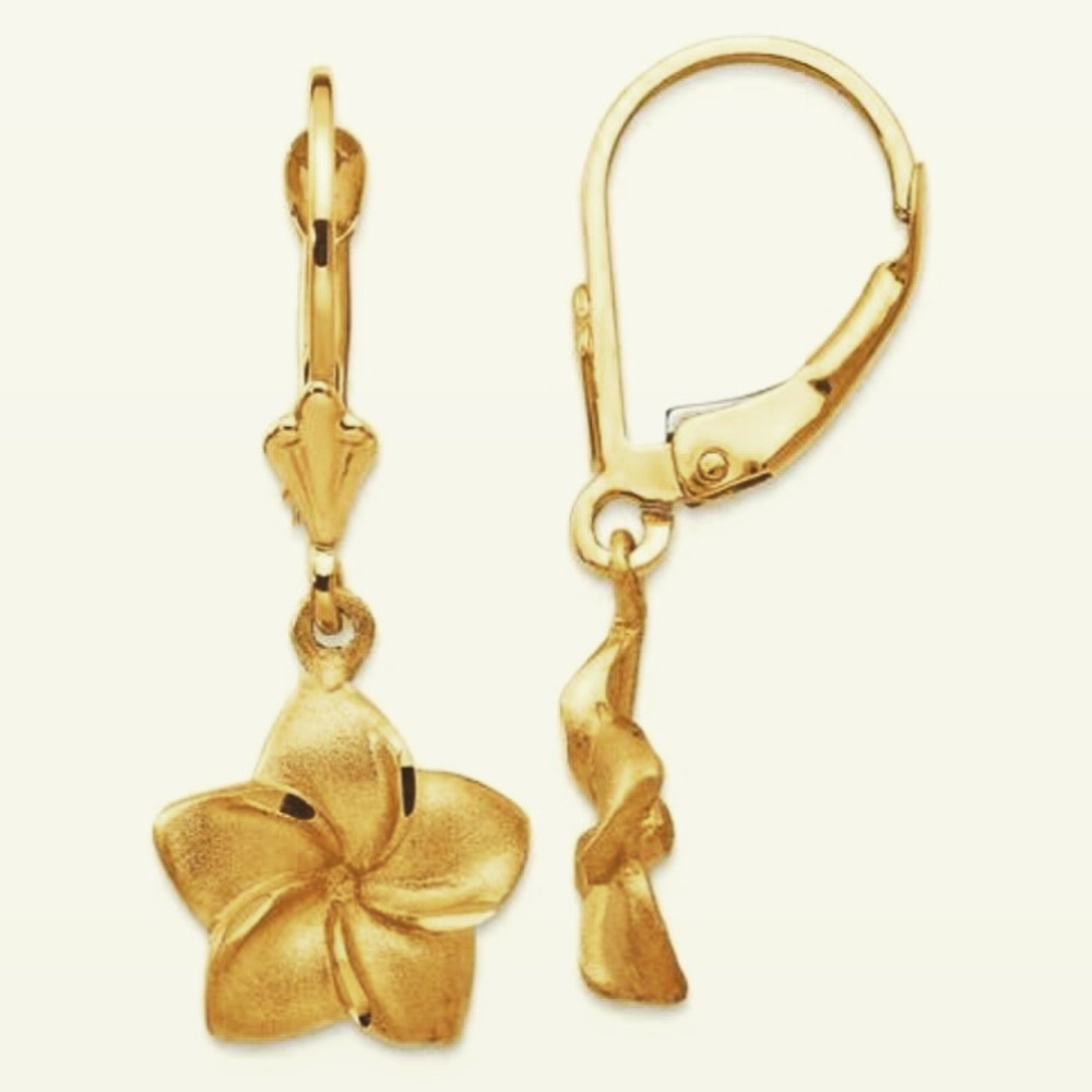 14K Yellow Gold Plumeria Leverback Earrings